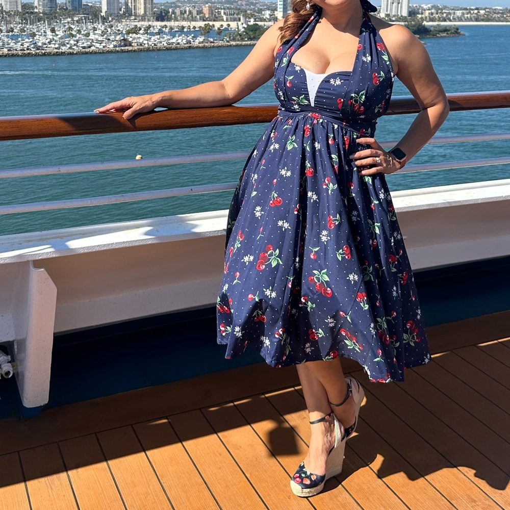 Vintage Navy & Red Cherry Print Shelia Swing Dress! Used.